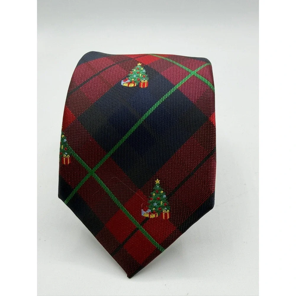Chaps Mens Christmas Tree Plaid Necktie Navy Red Green Holiday Tie NEW